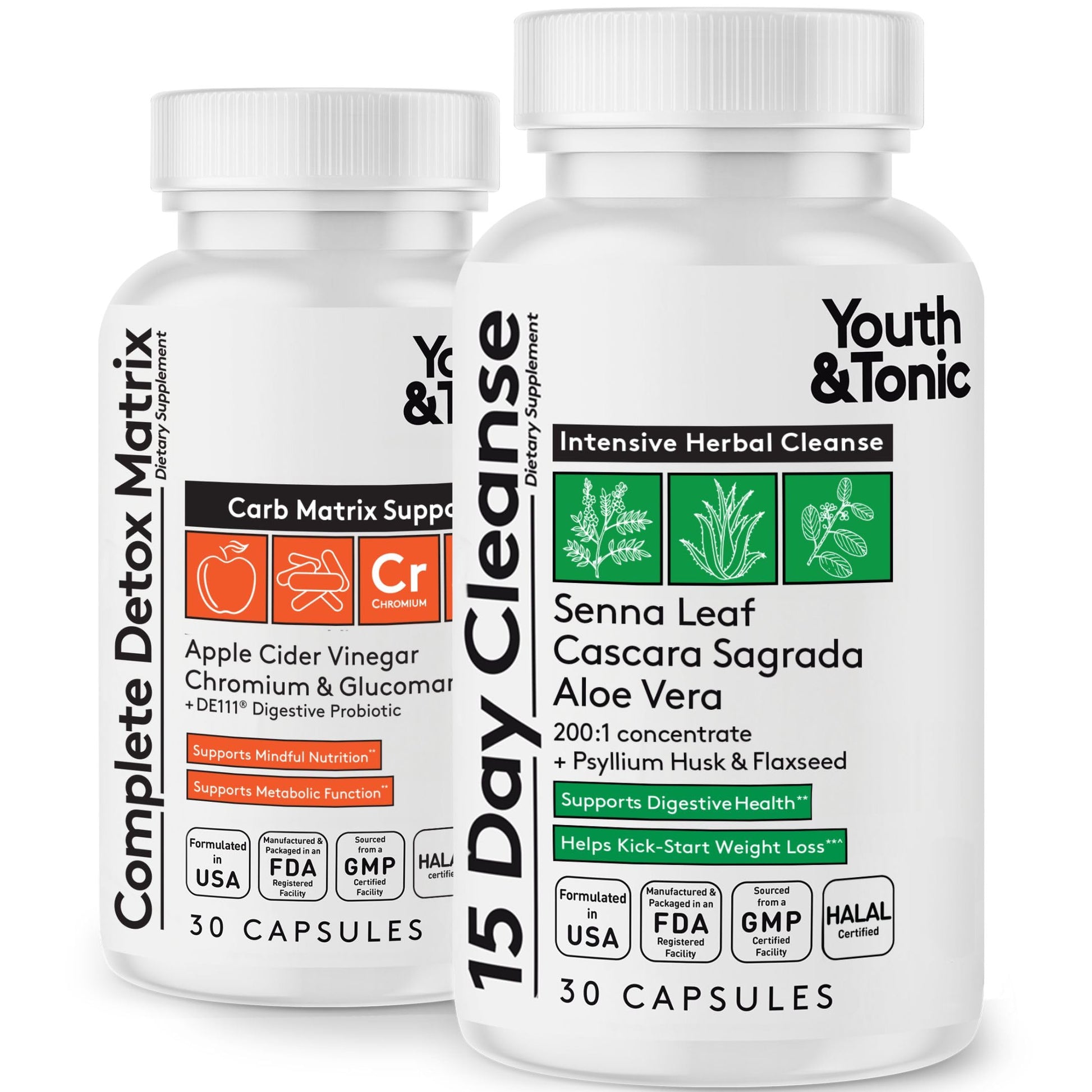 Youth & Tonic 15 Day Cleanse – Intensive Herbal Colon Cleanser & Gut Detox, 60 Capsules