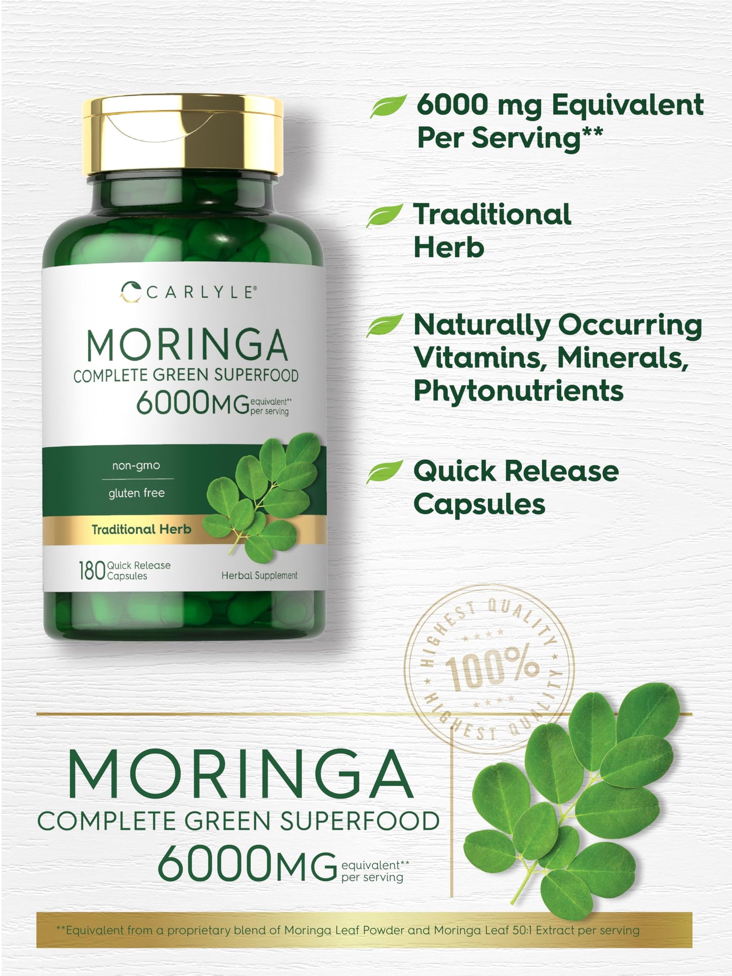 Carlyle Moringa Oleifera Supplement Capsules 180 Count
