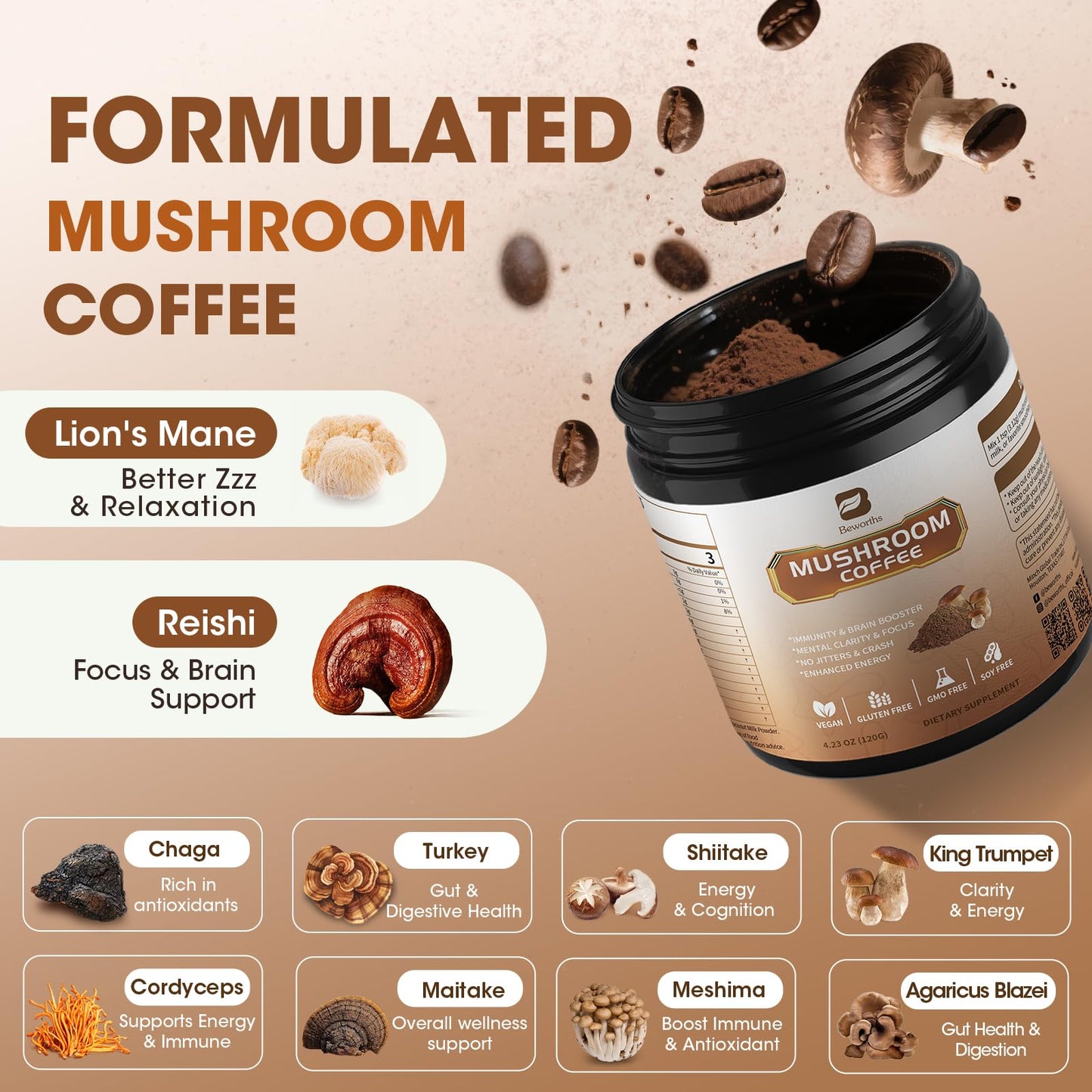 B BEWORTHS Mushroom Coffee Mix Arabica Instant Coffee Low Roast 30% Beta-Glucans Powder 8.46 Ounces