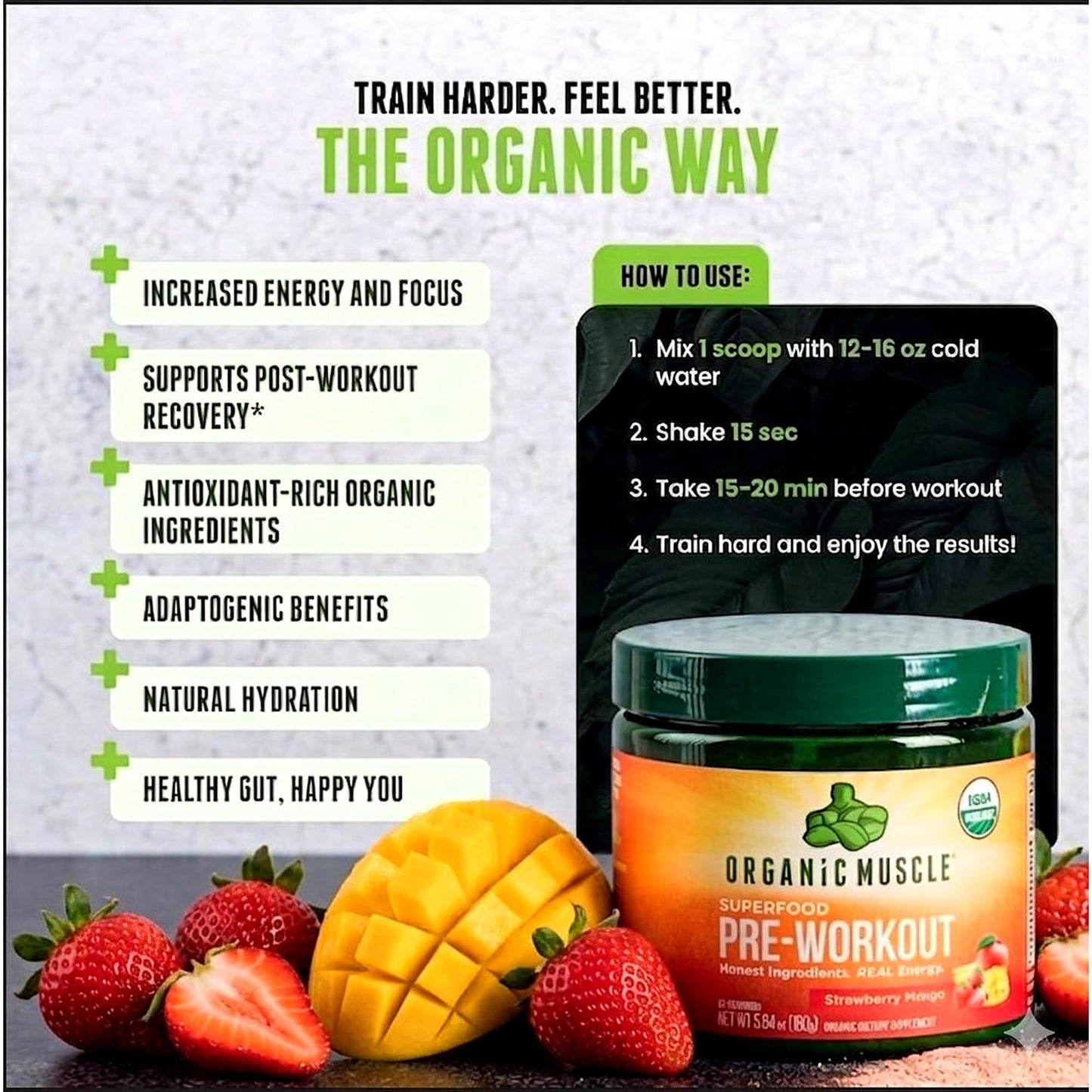 Organic Muscle Organic Pre Workout Powder Strawberry Mango 5.6 oz