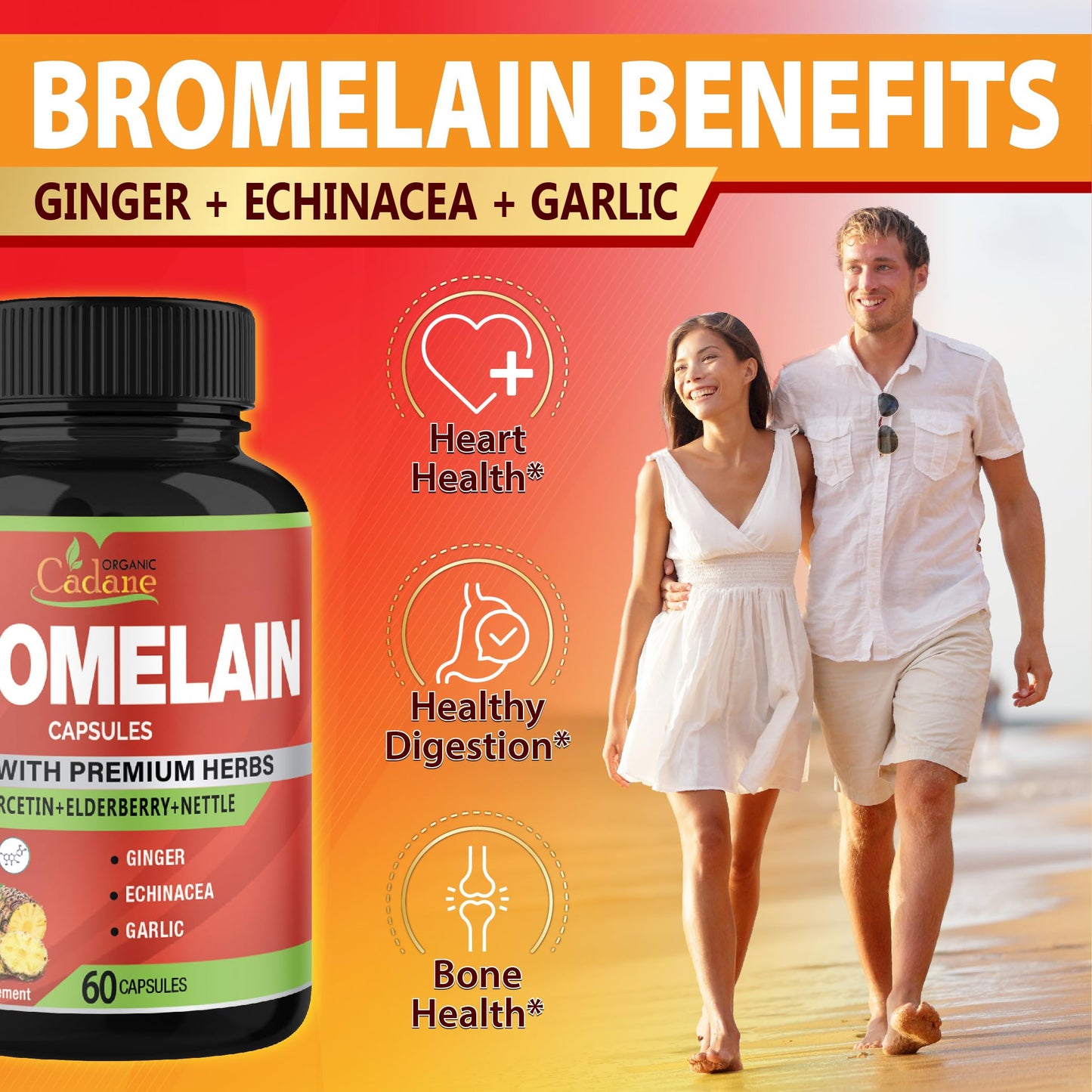 Organic Cadane Bromelain Extract with Quercetin, Elderberry, Ginger, Echinacea, Garlic, Black Pepper, 60 Capsules