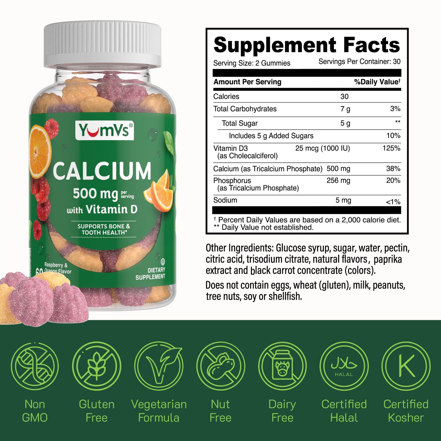 YUM-V'S Calcium 500mg with Vitamin D3 Gummies, Raspberry & Orange Flavor, 60 Gummies