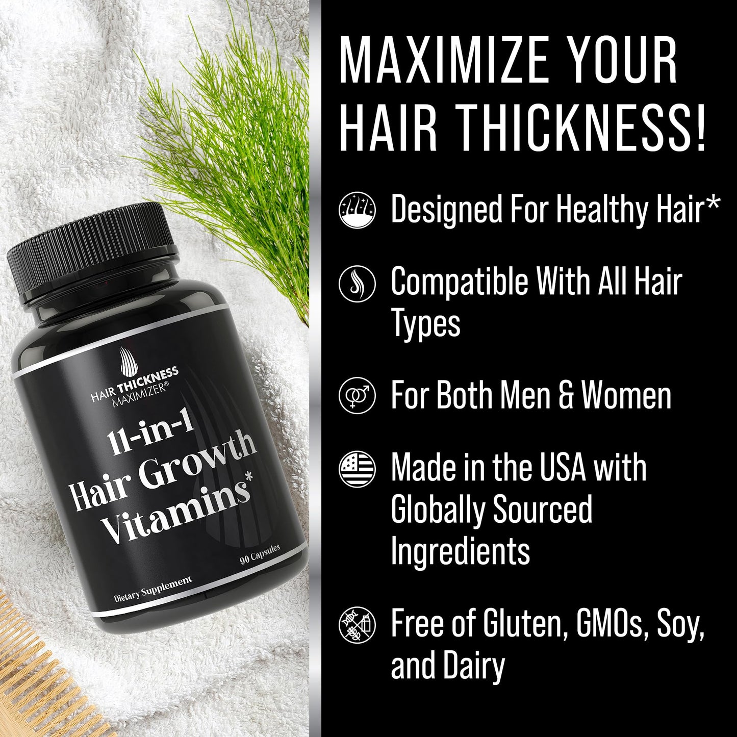 Hair Thickness Maximizer 11-in-1 Vegan Hair Growth Vitamins Capsule, 90 Count