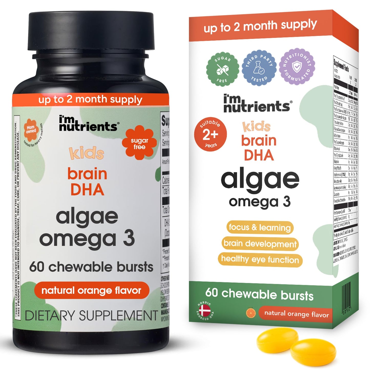 I'm Nutrients Brain DHA Algae Omega 3 Supplement for Kids Chewable, 60 Count