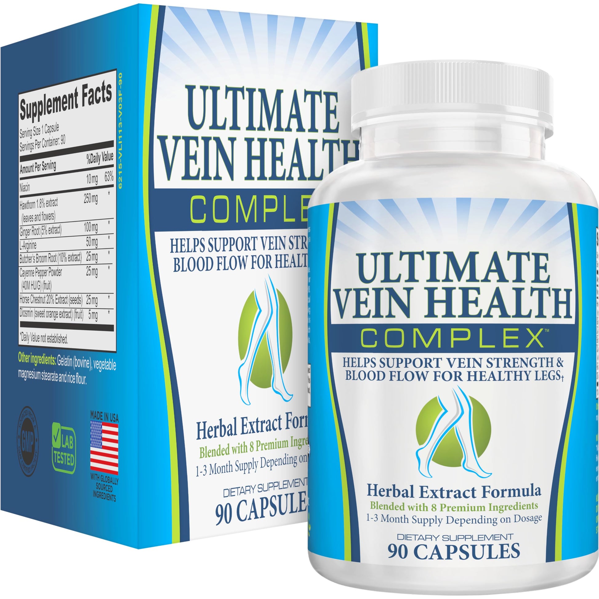 Elevate Recovery Supplements Leg + Vein Circulation Supplement 8-in-1 Formula Capsule, 90 Capsules
