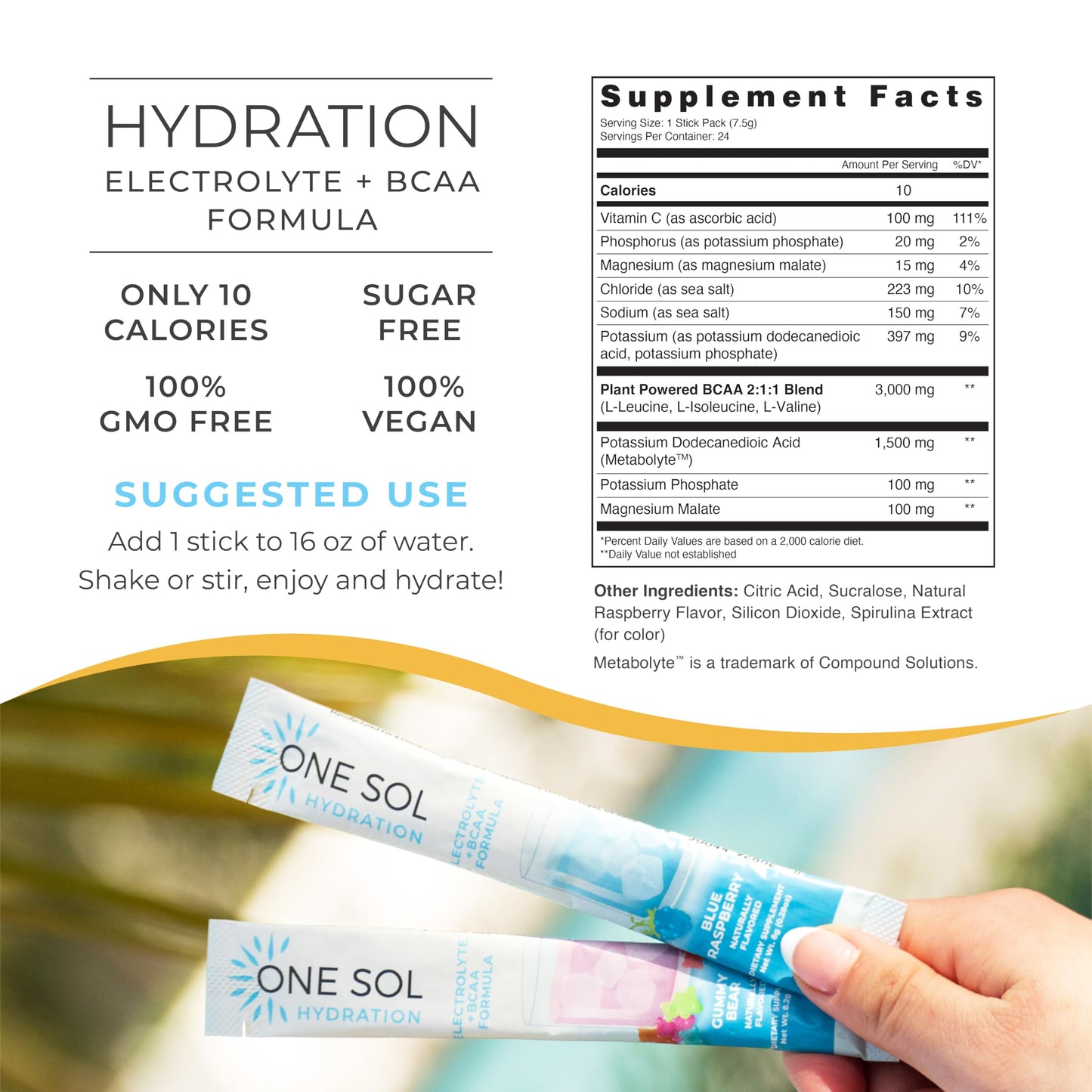 One Sol BCAA & Electrolyte Powder for Hydration & Energy, Natural Blue Raspberry Flavor, 7.68 Ounce
