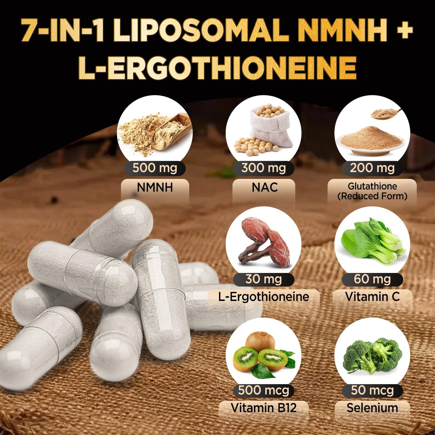 HOLLEGEND Liposomal NMNH & Ergothioneine Supplement, 6 in 1 Complex with NAC, Glutathione, Vitamin C & Selenium, Antioxidant & Immune Support, 90 Capsules