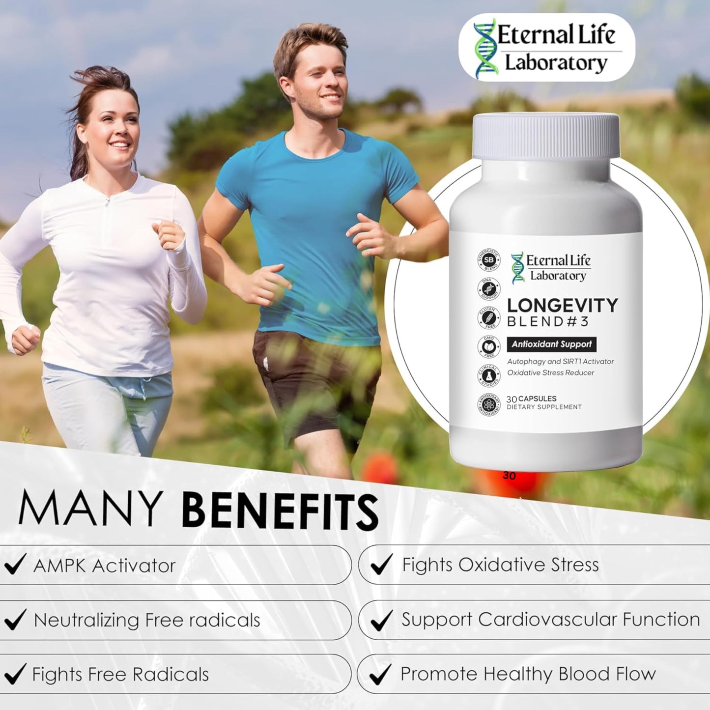 Eternal Life Laboratory Longevity Blend #3 Resveratrol 98% with Fisetin Pterostilbene Spermidine Anti Aging Oxidative Stress Reducer Antioxidant Supplement AMPK Activator 30 Capsules