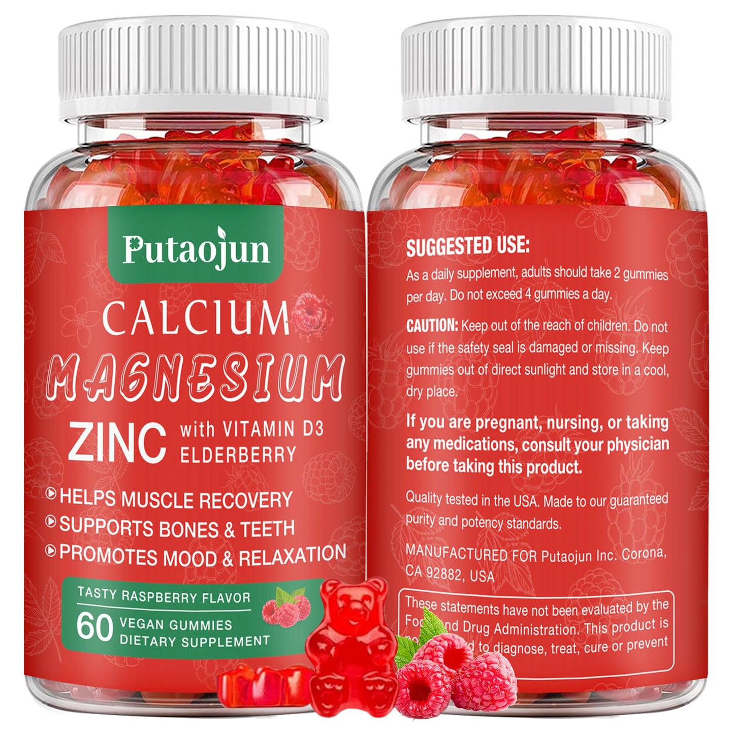 Putaojun High Absorption Calcium Magnesium Zinc Gummies with Vitamin D3, 60 Gummies