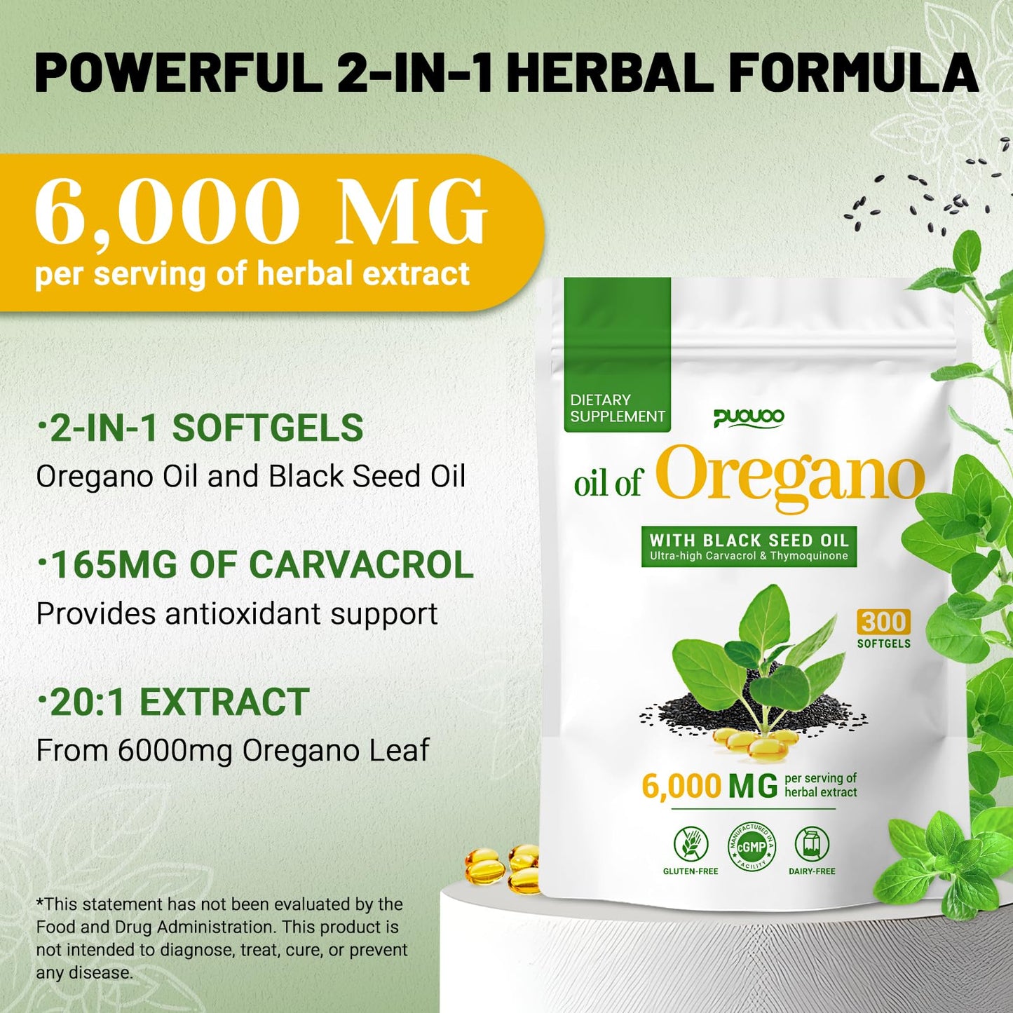 Puouoo 2 in 1 Oil of Oregano Capsules with Black Seed Oil, Carvacrol, 300 Capsules