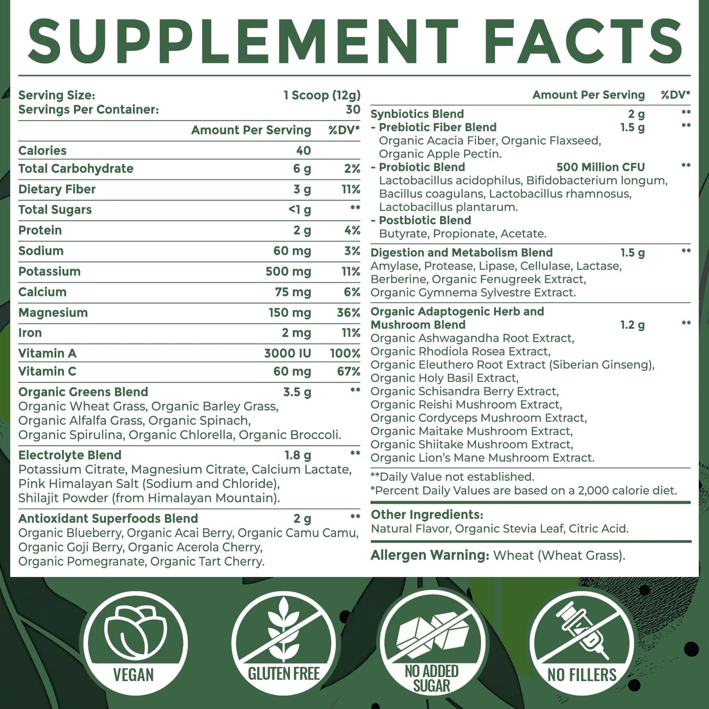 Sundhedsliv Super Greens Powder Superfood + Electrolytes & Tonic Herbs Powder 12.7 Ounce