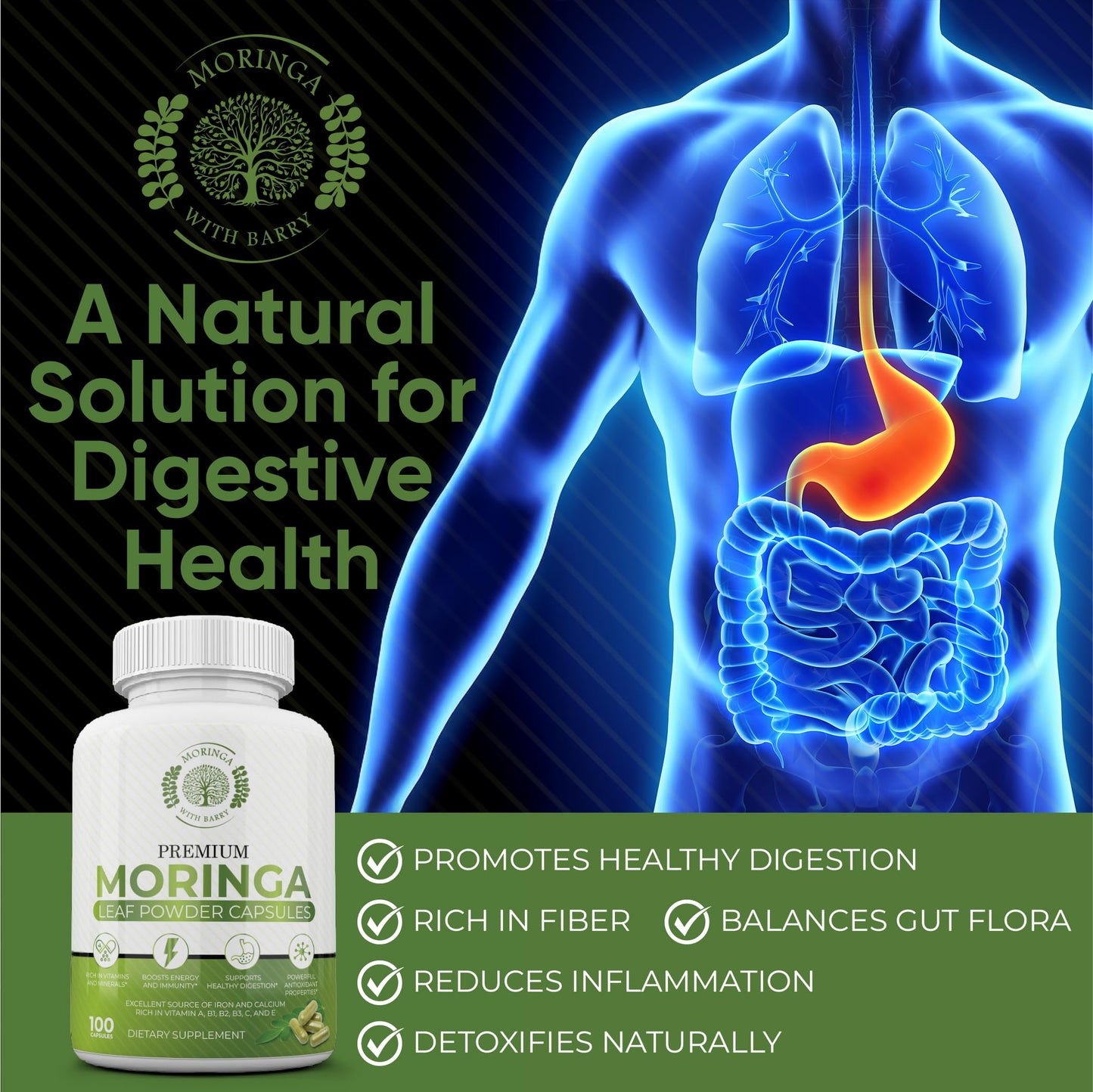 Moringa with Barry Moringa Capsules – 100% Pure Moringa Powder, Vegan Superfood Supplement for Energy, Immunity, Digestion & Vitality – Non-GMO, Gluten-Free – 100 Capsules