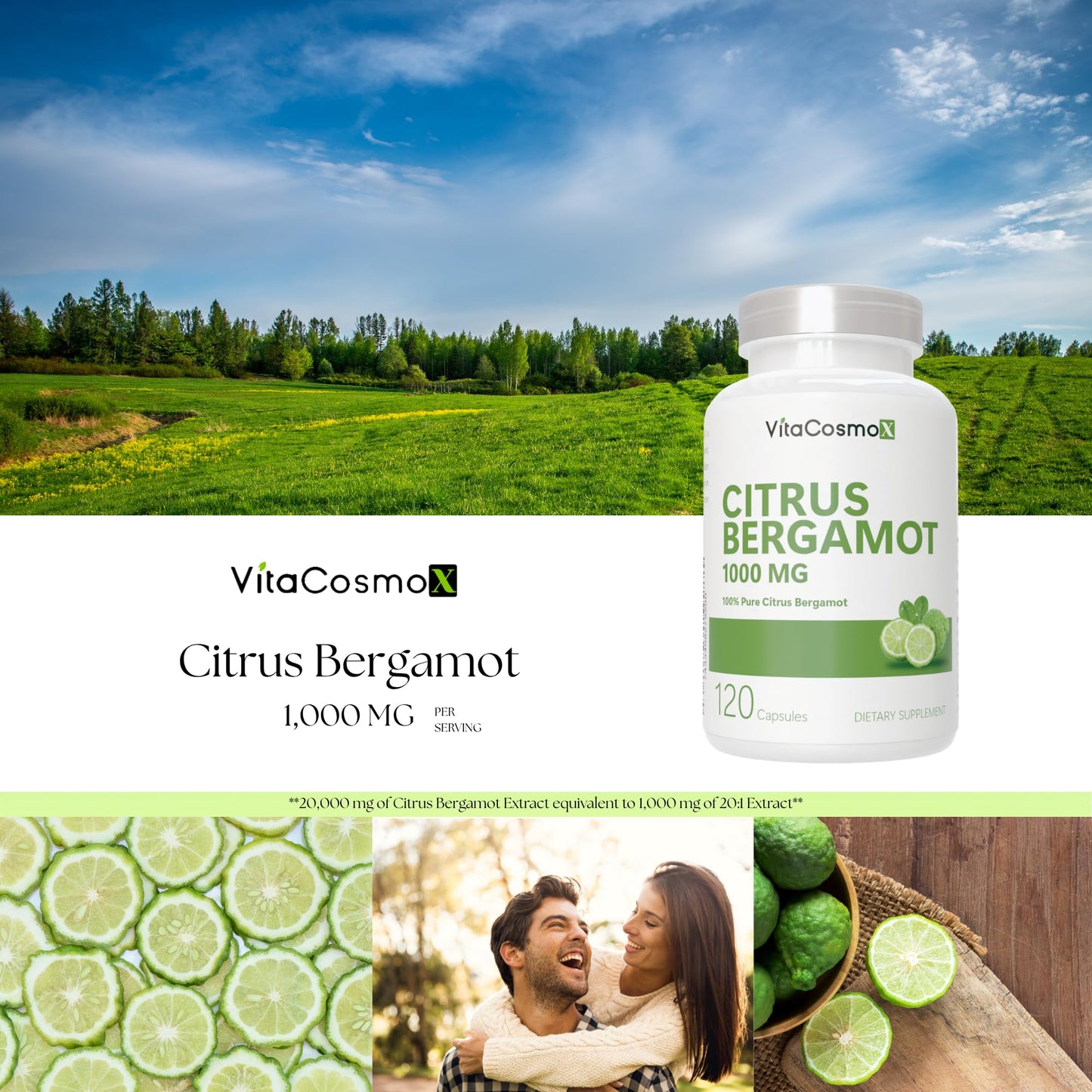VitaCosmoX Citrus Bergamot Extract 1000mg Capsules, 120 Count