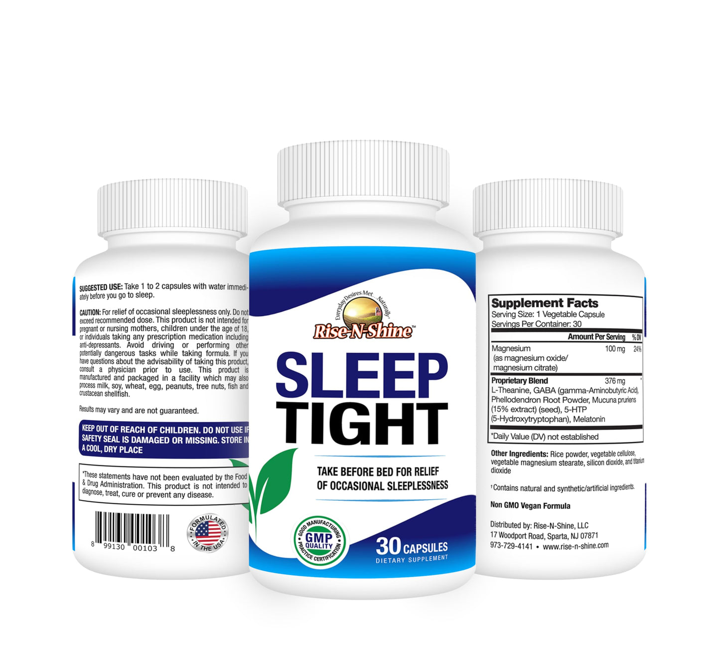Rise-N-Shine Sleep Tight Supplement with 5-HTP, Magnesium, GABA and L-Theanine for Women and Men, 30 Capsules