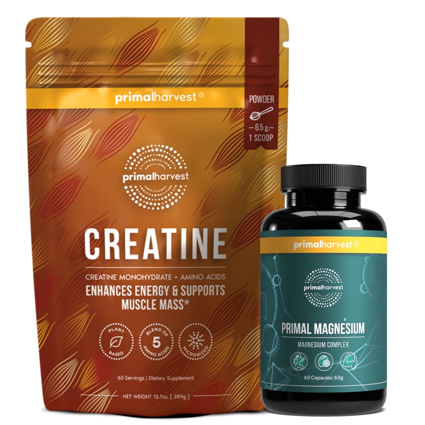 Primal Harvest Creatine Powder + Magnesium Capsules Bundle, 2-Pack, 60 Servings