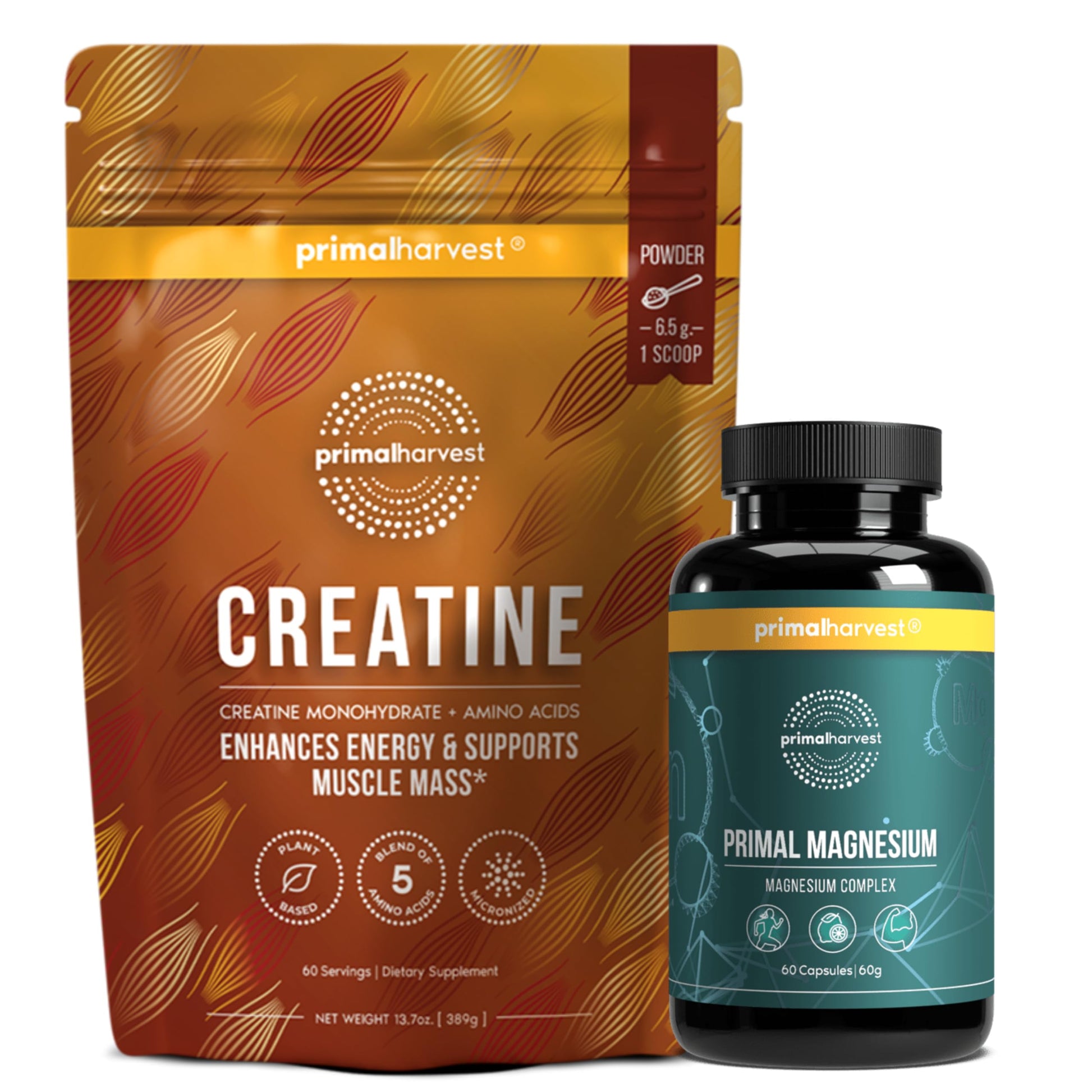 Primal Harvest Creatine Powder + Magnesium Capsules Bundle, 2-Pack, 60 Servings