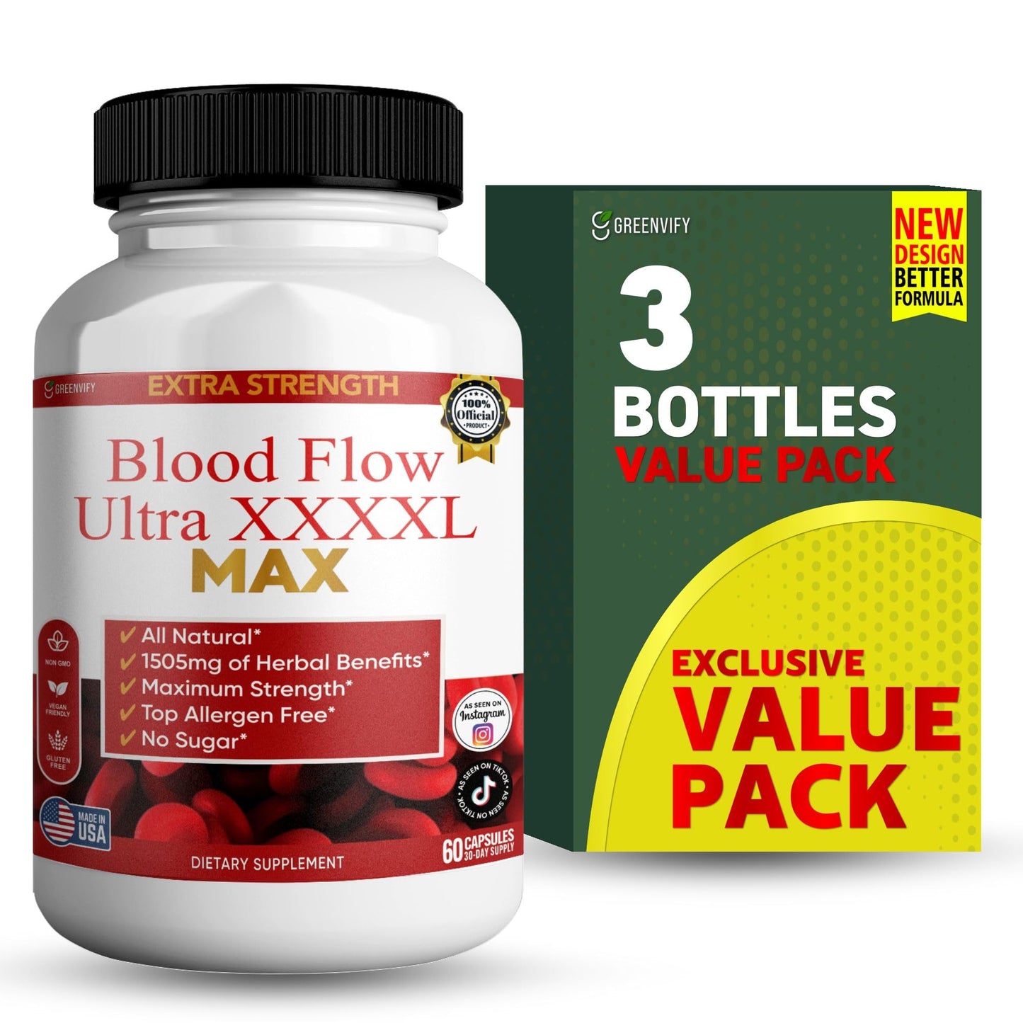GREENVIFY Blood Flow Ultra XXXL Max Extra Strength Maca Root Complex Capsule 60 Count