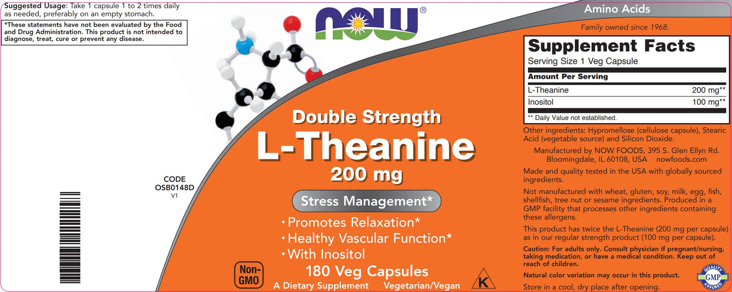 NOW Foods L-Theanine Double Strength 200 mg Per Capsule, 360 Capsules