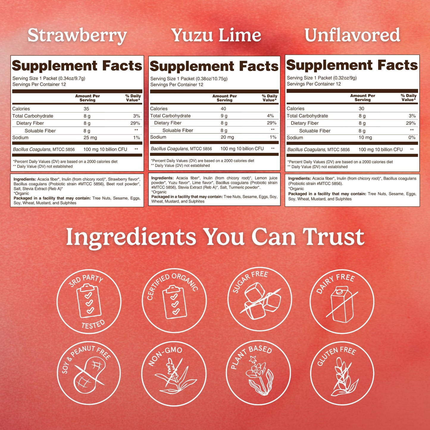 Organic Traditions Fiber Flow Variety Pack Daily Fiber Supplement with Acacia, Chicory Root Inulin, One Billion CFU Probiotics, Mixed Flavors Strawberry Yuzu Lime Unflavoured Powder 4.16 Ounce