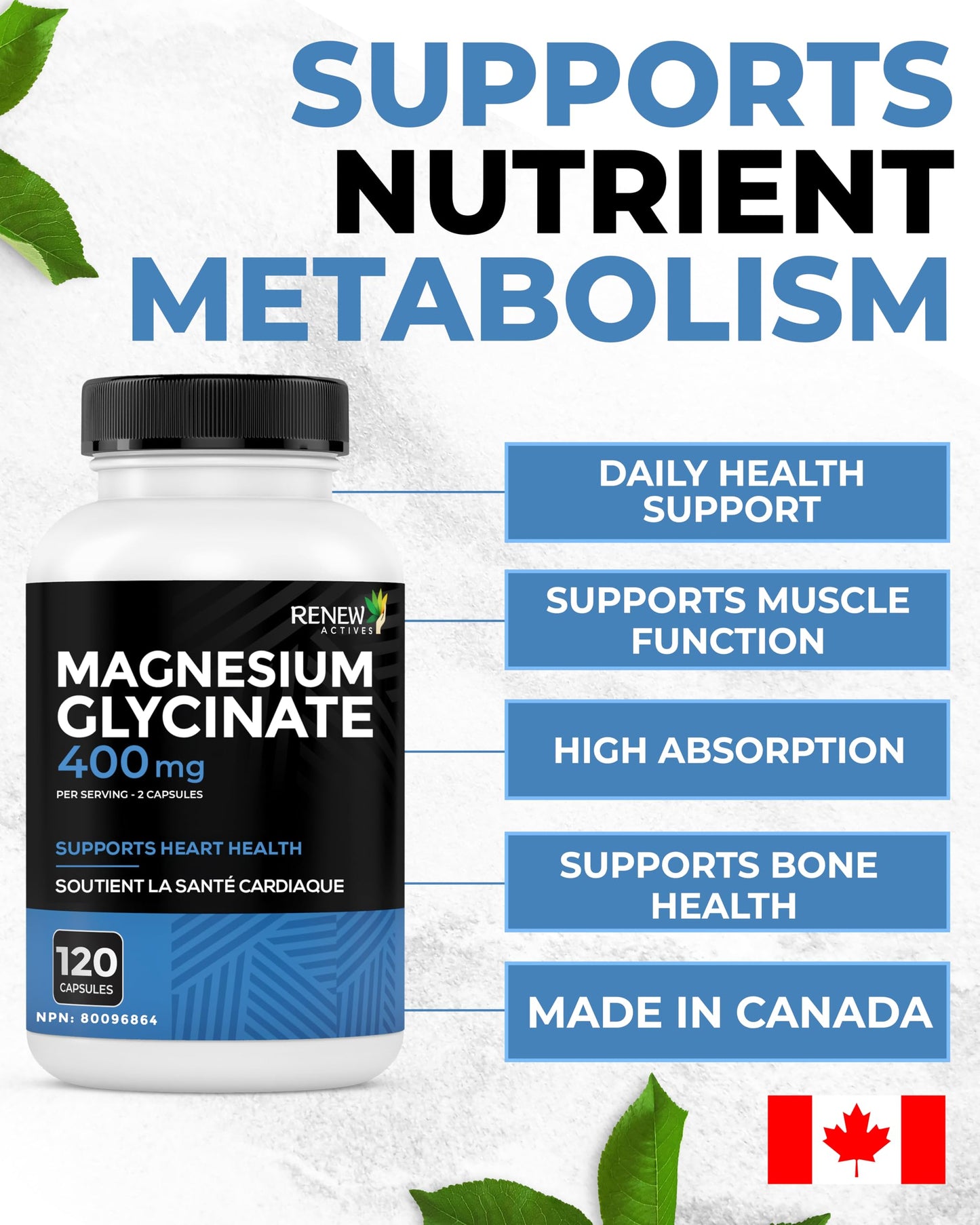Renew Actives Magnesium Glycinate 400mg per 2 Capsules, 120 Capsules