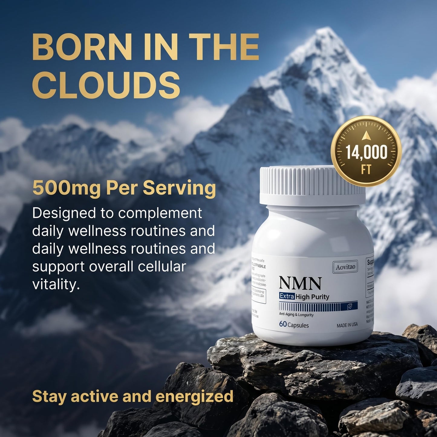 AOVITAO NMN Supplement 500mg Ultra Pure 99.8% Stabilized Form Supports NAD+ Production, Cellular Health & Healthy Aging 60 Capsules