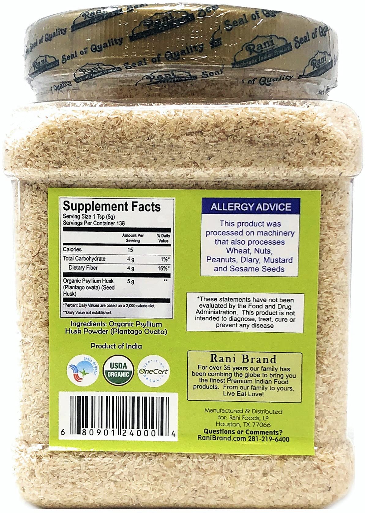 Rani Brand Authentic Indian Products Psyllium Whole Husk Powder (Isabgol) 9.8 oz