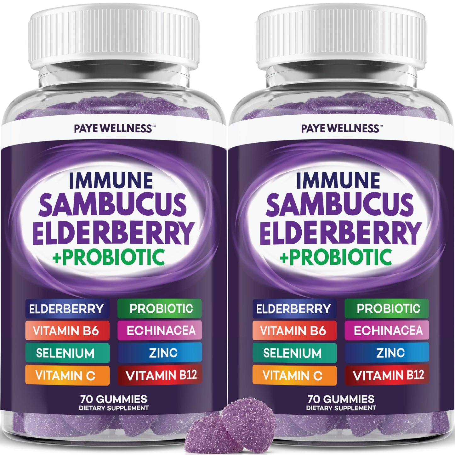 PAYÉ Elderberry Gummies with Vitamin C Immune Support and Probiotic Gut Health, Sambucus, Echinacea, Vitamin B, Zinc, Selenium, 140 Gummies