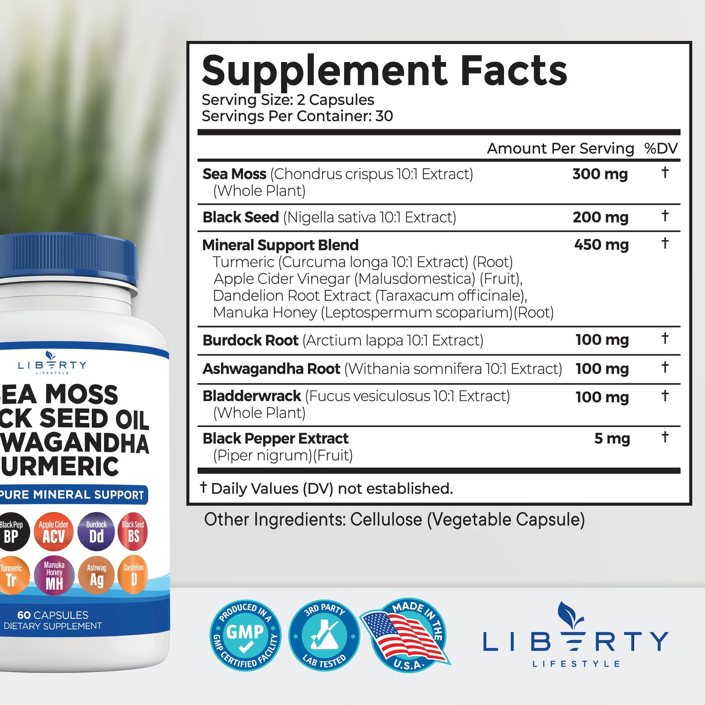 Liberty Lifestyle Sea Moss Black Seed Oil Ashwagandha Turmeric Bladderwrack Burdock - with Manuka, Honey Dandelion, ACV Black Pepper Gluten Free, 180 Capsules