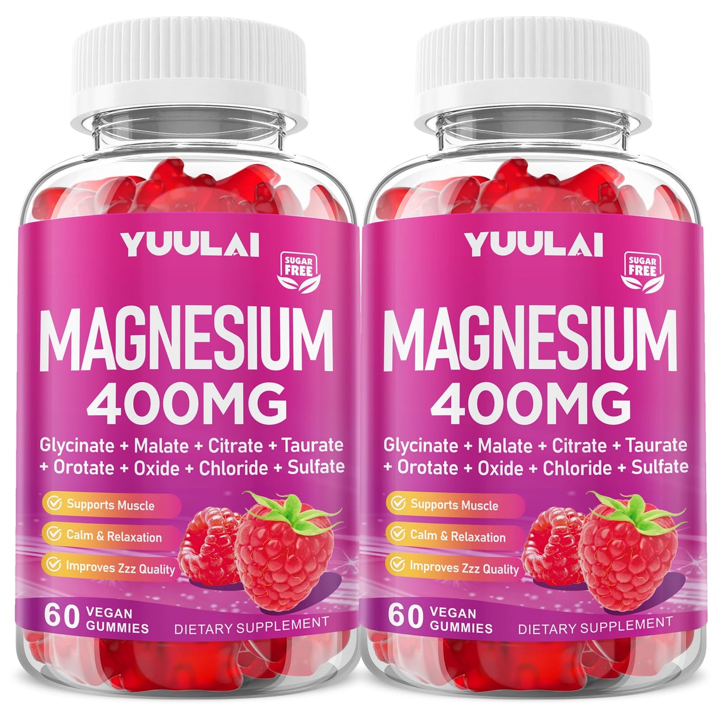 YUULAI Magnesium Complex Gummies 400mg with Magnesium Glycinate, Malate, Citrate, Taurate, Oxide & More, Ashwagandha, D3 & B12, Raspberry Flavor, 120 Count
