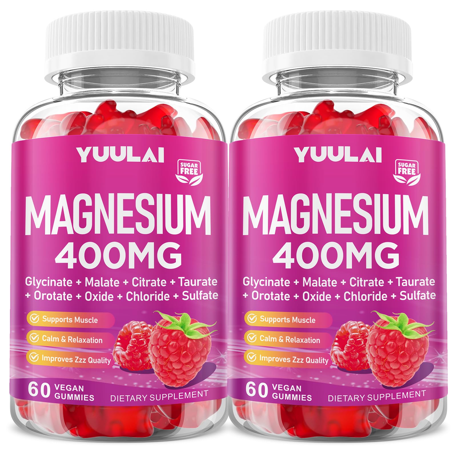 YUULAI Magnesium Complex Gummies 400mg with Magnesium Glycinate, Malate, Citrate, Taurate, Oxide & More, Ashwagandha, D3 & B12, Raspberry Flavor, 120 Count
