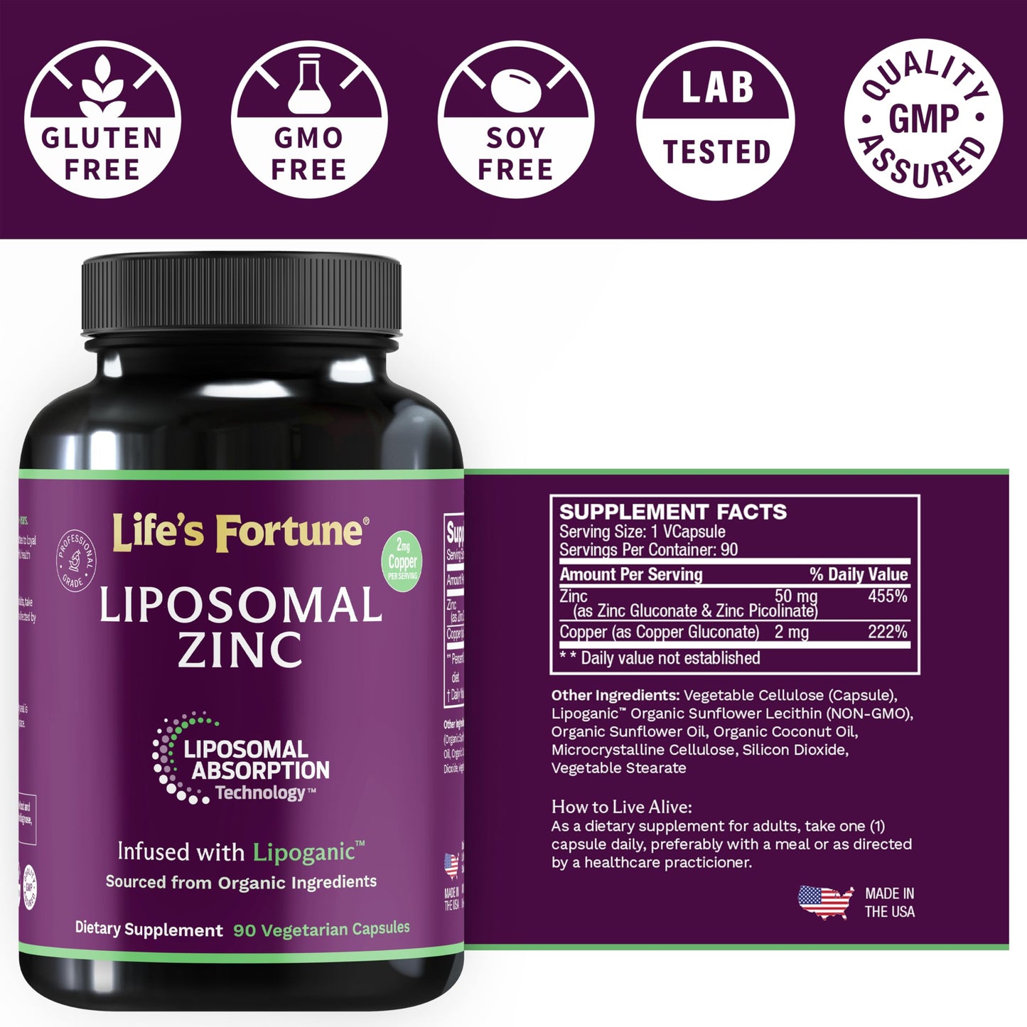 Life's Fortune Liposomal Pure Zinc Picolinate Supplement with Copper 90 Capsules
