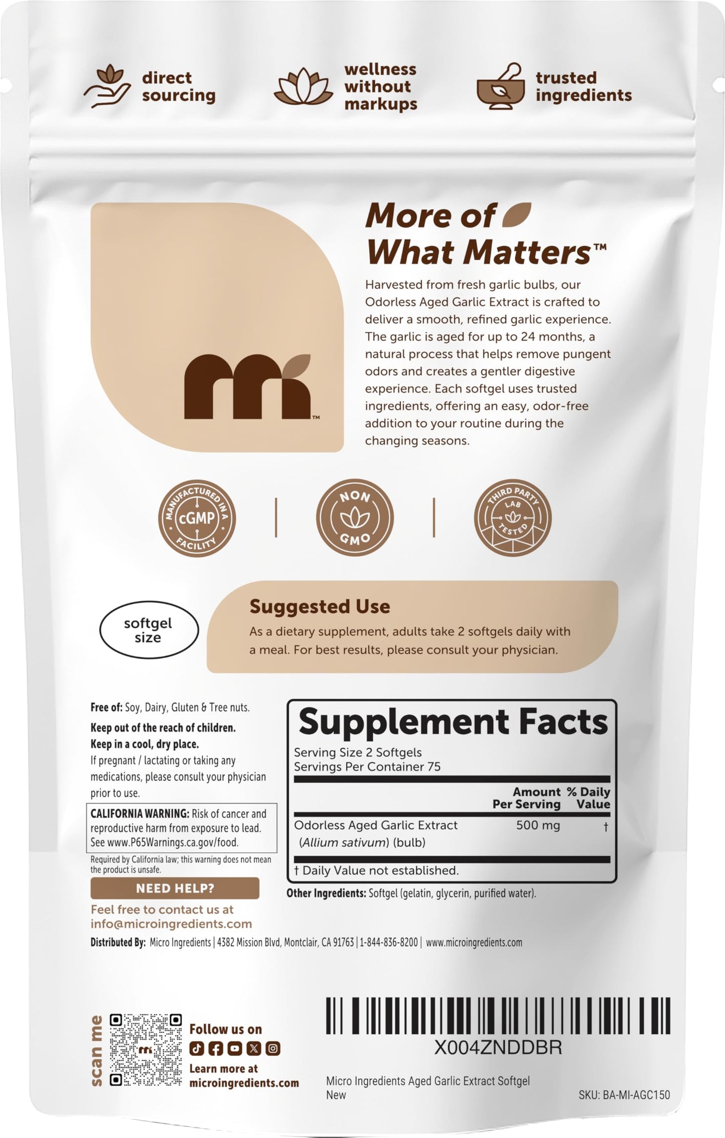 Micro Ingredients Odorless Garlic 150 Softgels
