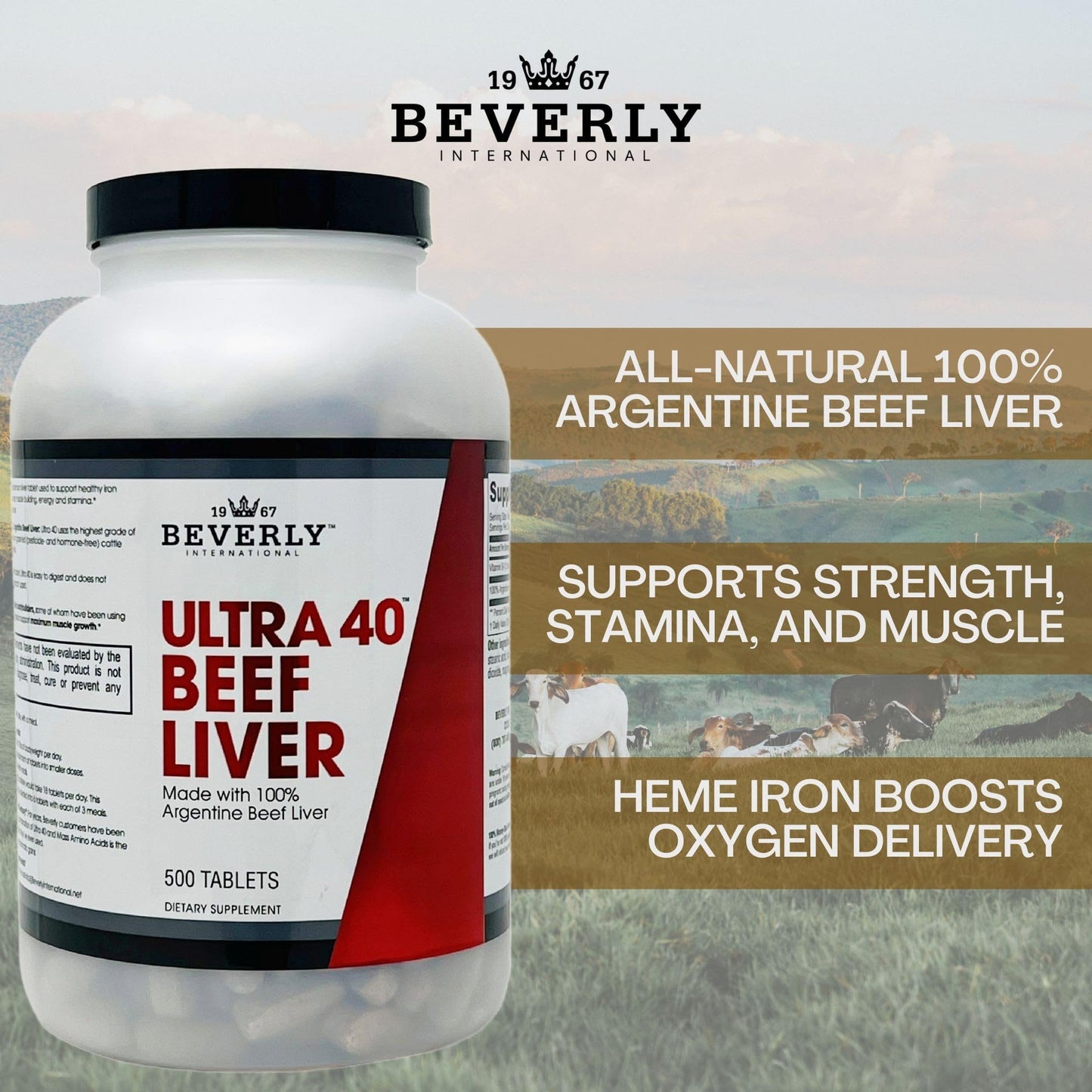 Beverly International Ultra 40 Grass Fed Desiccated Beef Liver Tablets, 500 Count
