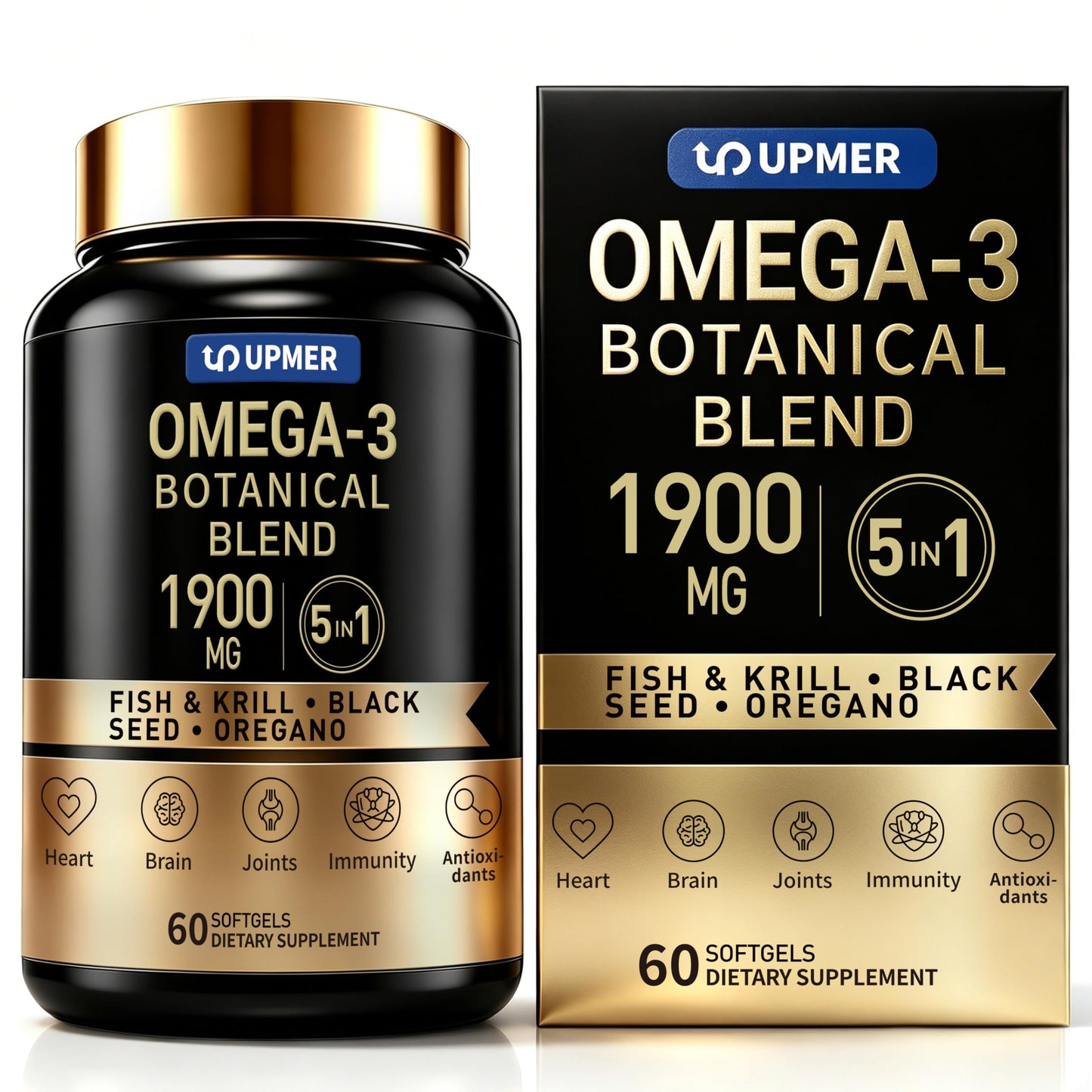 UPMER Omega 3 5-in-1 with Krill, Black Seed Oil & Oregano Softgels, 60 Count