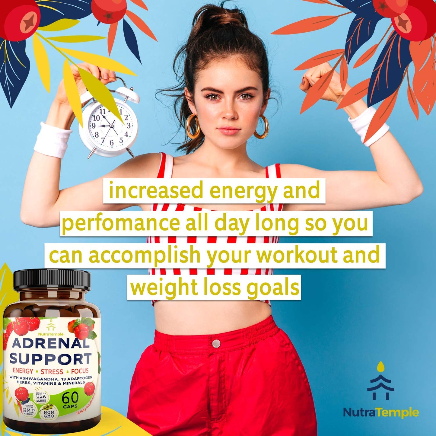 NUTRATEMPLE Adrenal Support & Cortisol Manager Extra Strength Adrenal Fatigue Supplements for Energy, Brain Fog with Ashwagandha, Rhodiola Rosea, L-Tyrosine, Holy Basil Capsule 60 Count