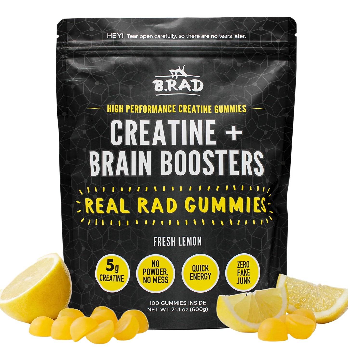B.rad Real Rad Gummies Creatine Monohydrate + Nootropics for Focus & Muscle Recovery, 100 Gummies