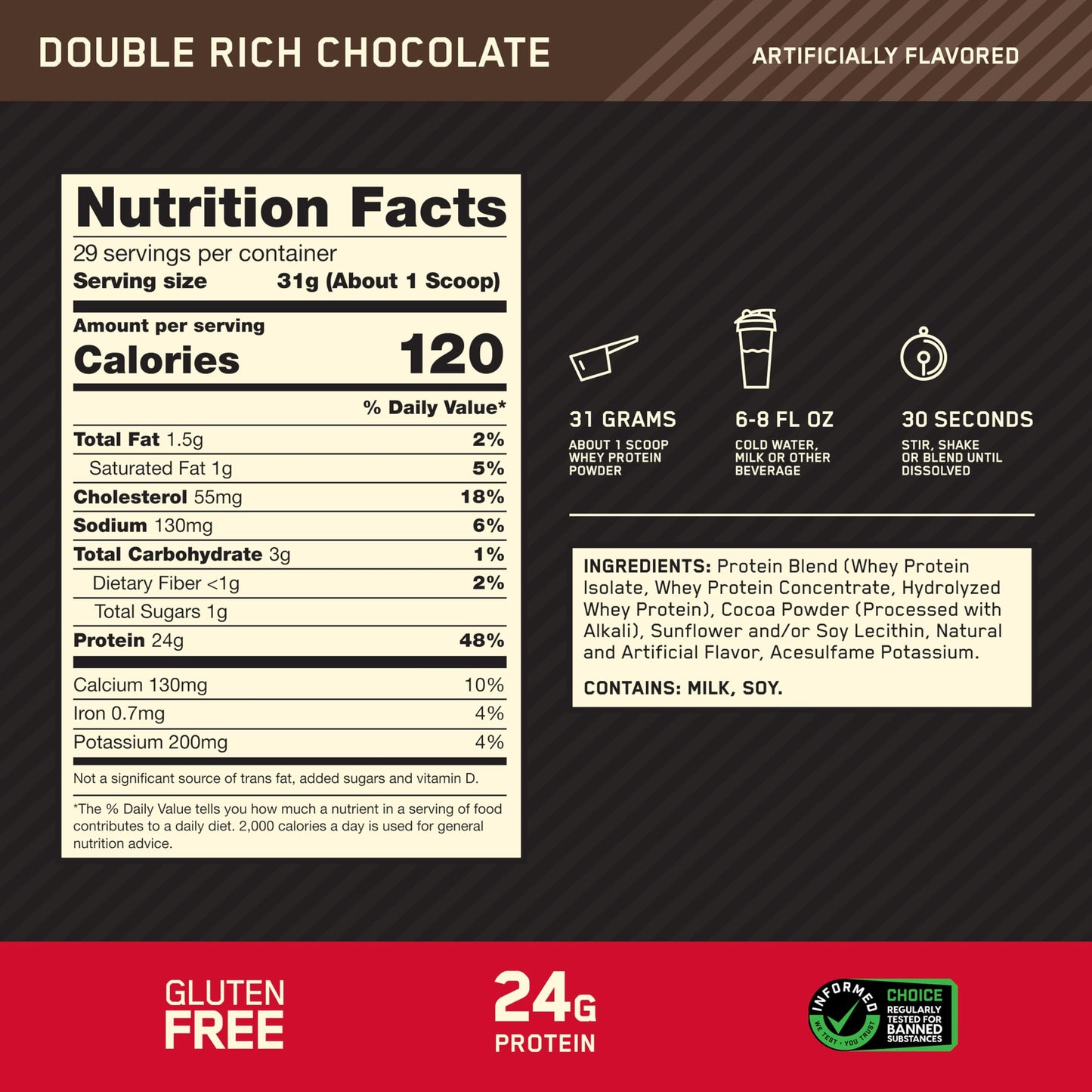 Optimum Nutrition Gold Standard 100% Whey Protein Powder Double Rich Chocolate 2 lb 32 Servings