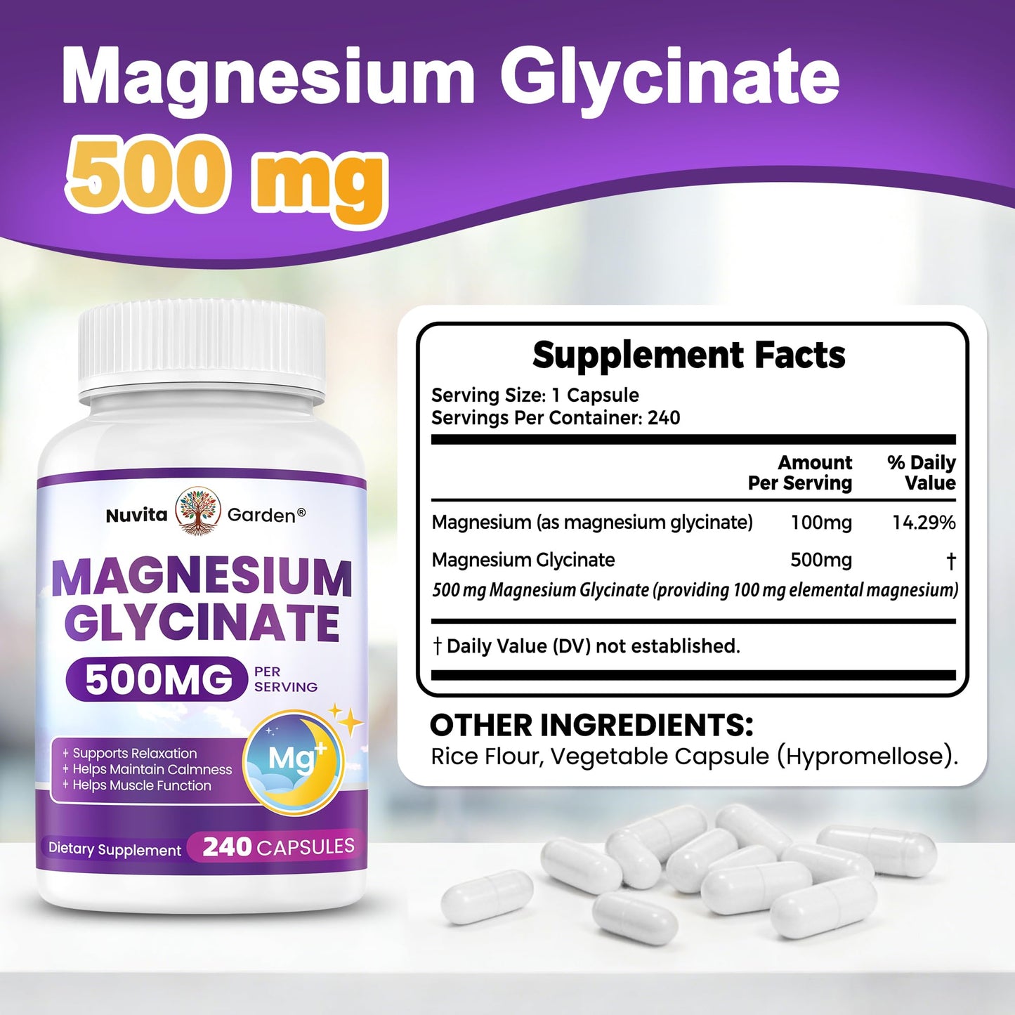 NuvitaGarden Magnesium Glycinate 500mg Capsules 240-Count