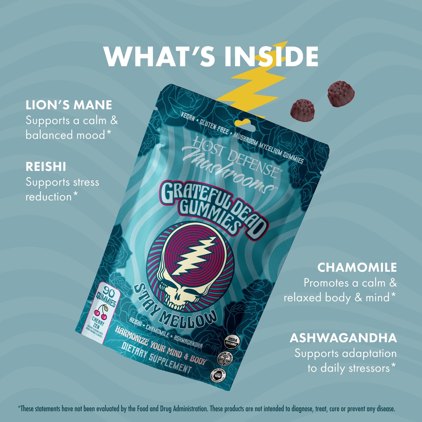 Host Defense Stay Mellow Grateful Dead Gummies - Reishi Mushroom Gummies with Ashwagandha, Chamomile & Lions Mane, Gummy, 90 Count