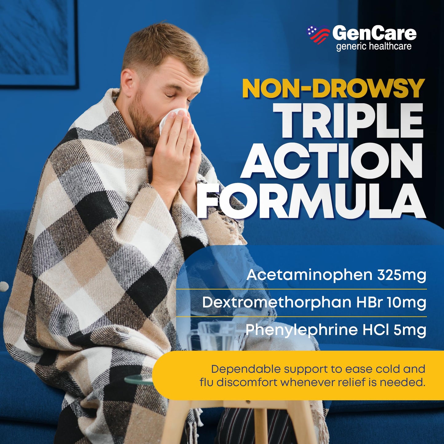 GenCare - Multi Symptom Non Drowsy Daytime Cold & Flu Relief Acetaminophen 325mg, Dextromethorphan HBr 10mg, Phenylephrine HCl 5mg (48 Softgels) Non Habit Forming Pain Reliever & Nasal Decongestant