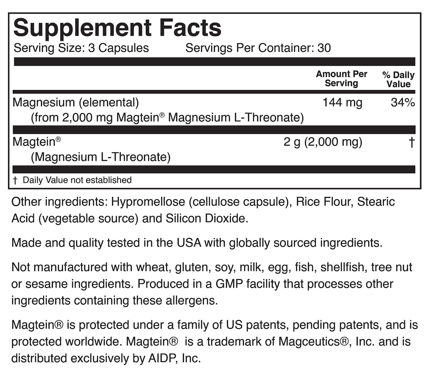 Bioactive Nutrients Magtein Magnesium L-Threonate Capsules 90