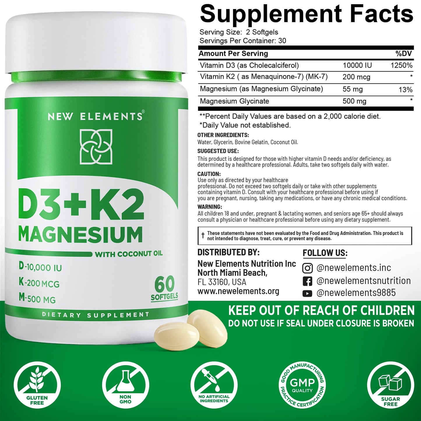 New Elements Vitamin D3 K2 10,000 IU with Magnesium Glycinate 500mg Softgels, 60 Count