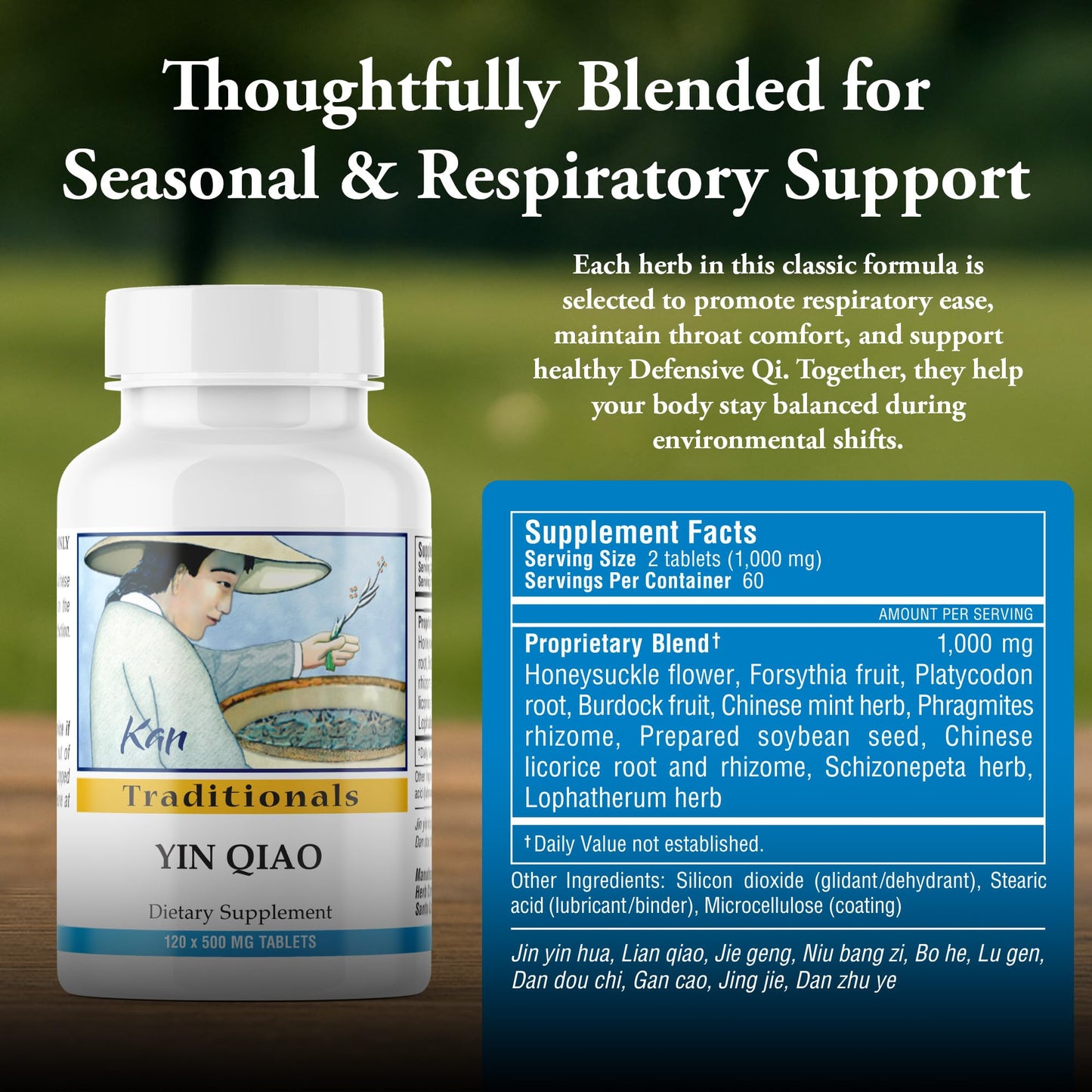 Kan Herb Yin Qiao Traditional Chinese Herbal Formula for Respiratory Support, Throat Comfort, and Seasonal Balance, Helps Release Wind Heat, Herbal Supplement, 120 Tablets