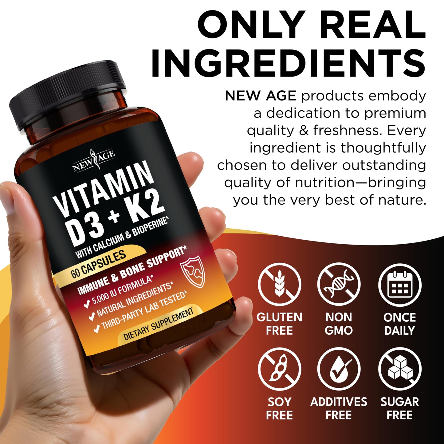 NEW AGE Vitamin D3 5,000 IU + K2 MK-7 100 mcg 2-in-1 Bone, Immune & Heart Support, 180 Capsules