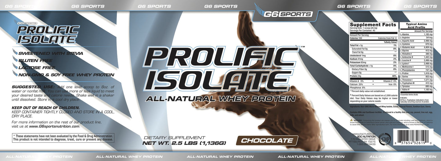 G6 Sports Prolific Isolate All Natural Whey Protein Isolate Powder Chocolate, 40 Servings
