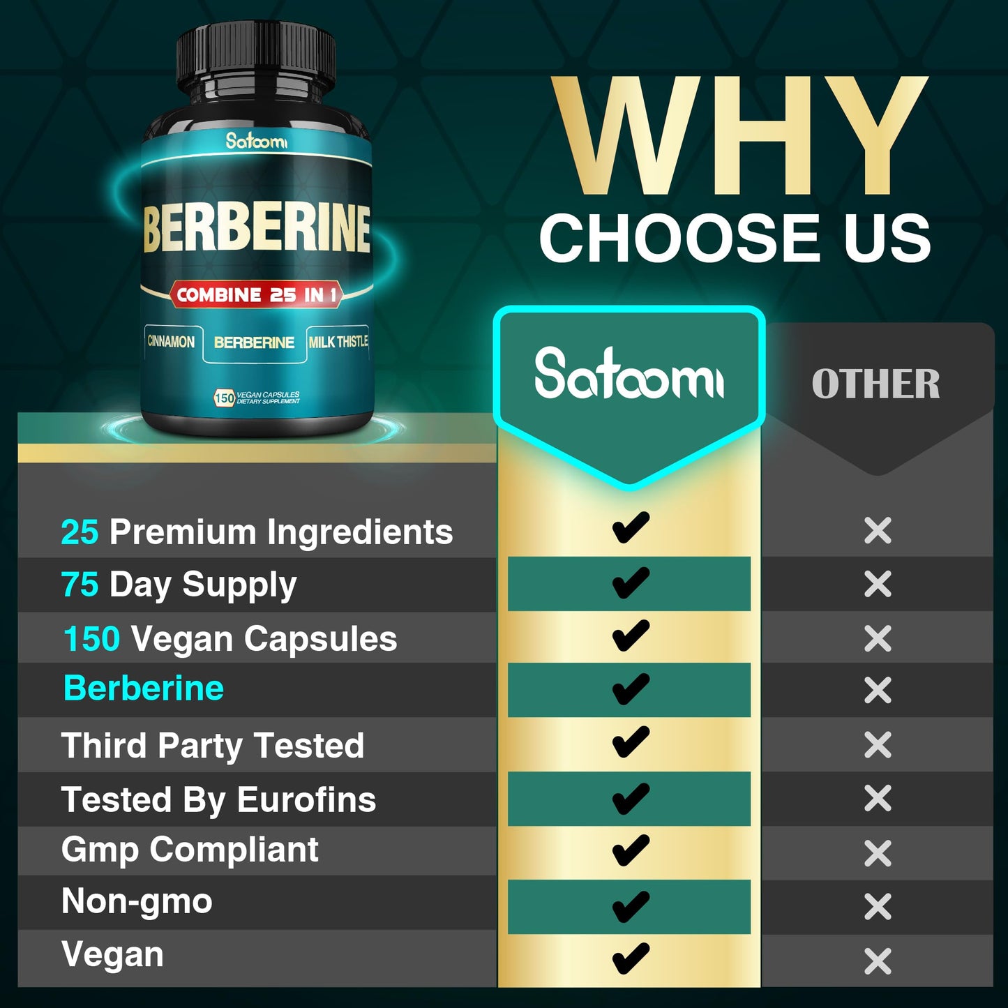 Satoomi 25in1 Berberine Supplement - Berberine HCl - Ceylon Cinnamon - Milk Thistle and More Capsule, 150 Count