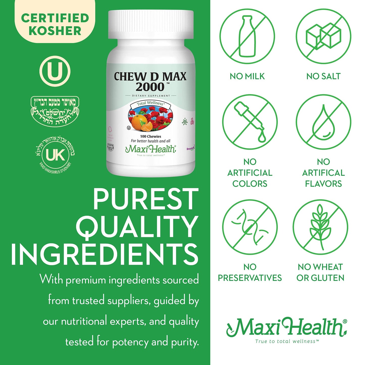 Maxi Health Chewable Vitamin D3 2000 IU Supplement - 100 Count