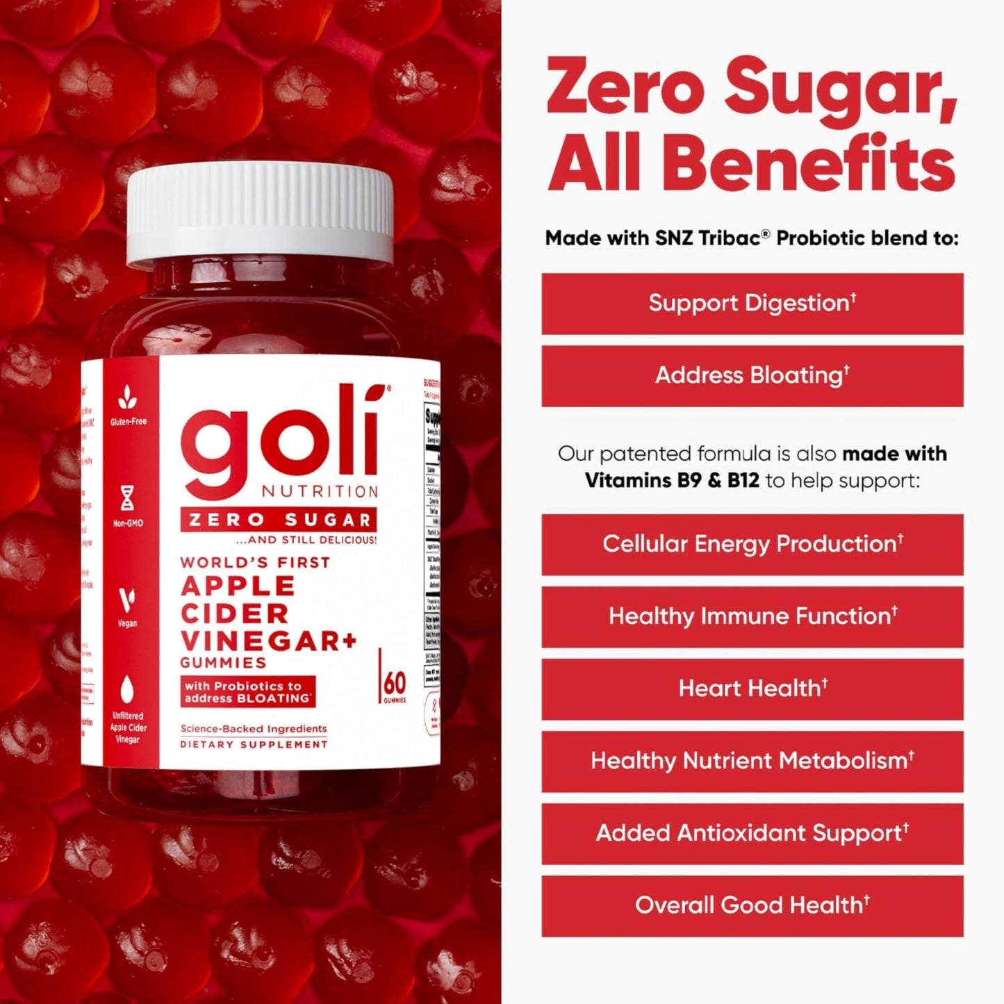 Goli Zero Sugar Apple Cider Vinegar Gummies with Vitamin B12 and Probiotics, 60 Gummies