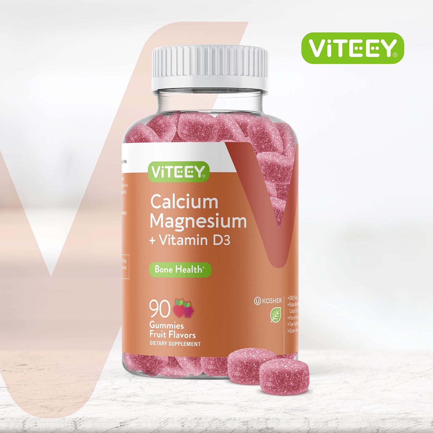 Viteey Calcium Gummies with Vitamin D3 and Magnesium for Bone Health, Gummies, 90 Count