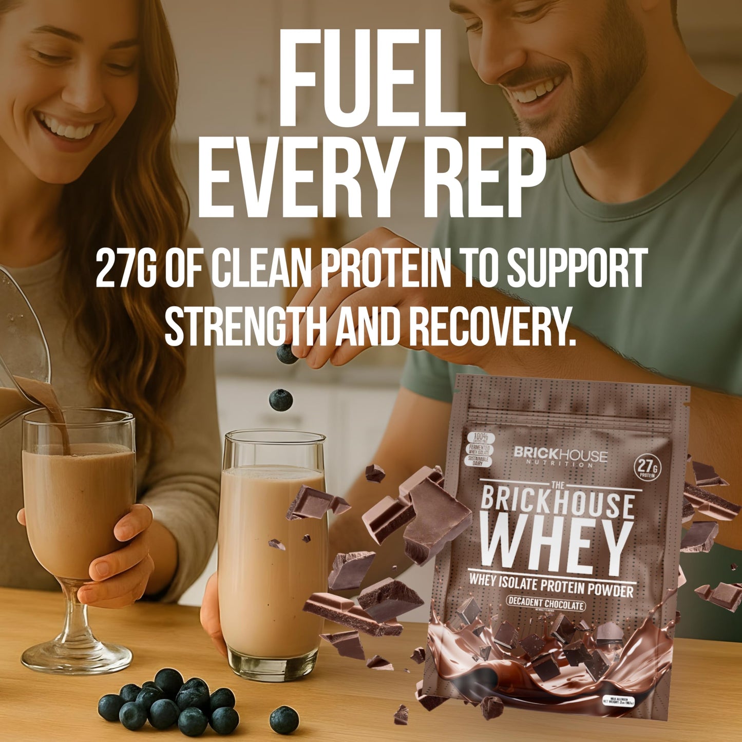Brickhouse Nutrition Whey Protein Powder, Fermented Whey Isolate, Lactose-Free Post-Workout Recovery, Chocolate, 34 Servings
